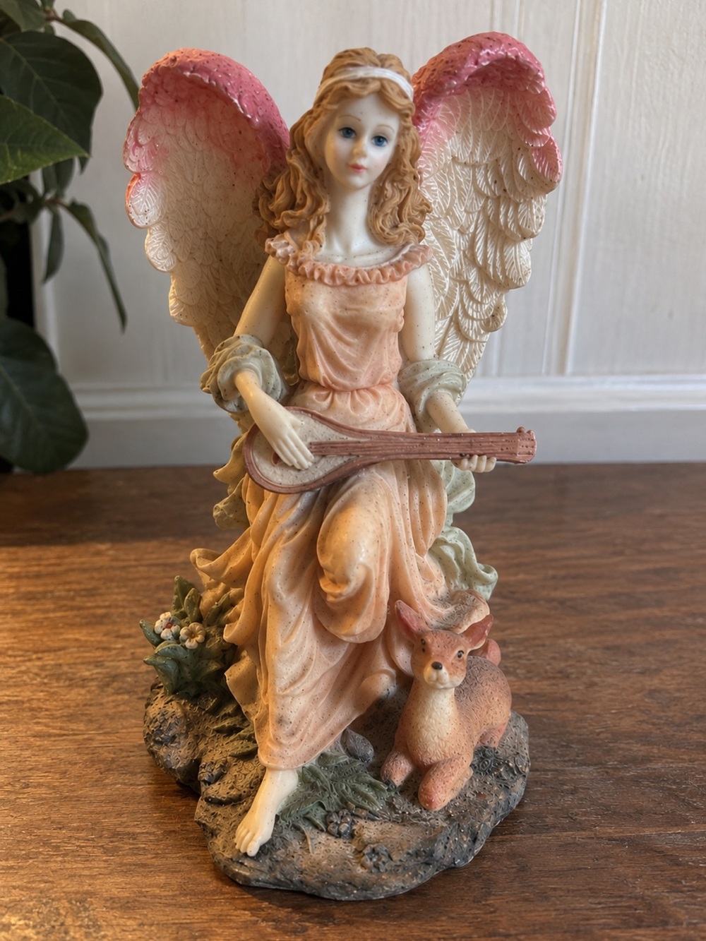 Pink Winged Angel Figurine with Lute - Decorative Home Art